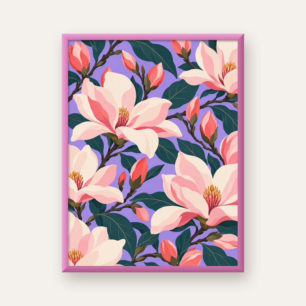 Pembe Magnolya Çiçekleri Dijital Poster - Modern Çiçek Deseni — pembe çerçeveli