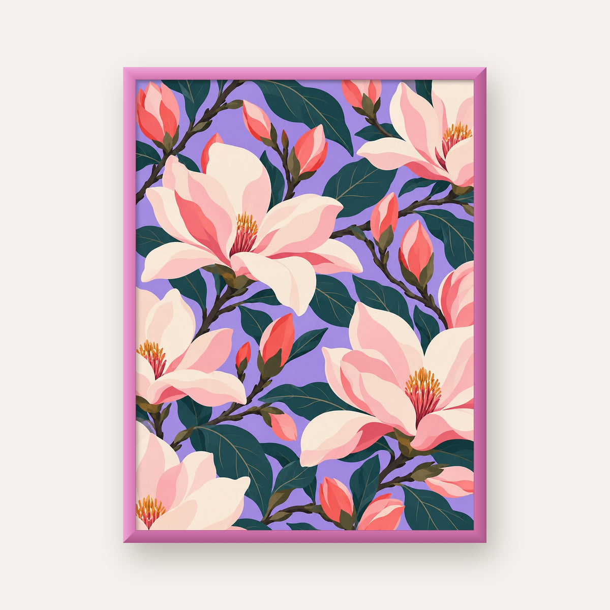 Pembe Magnolya Çiçekleri Dijital Poster - Modern Çiçek Deseni — pembe çerçeveli