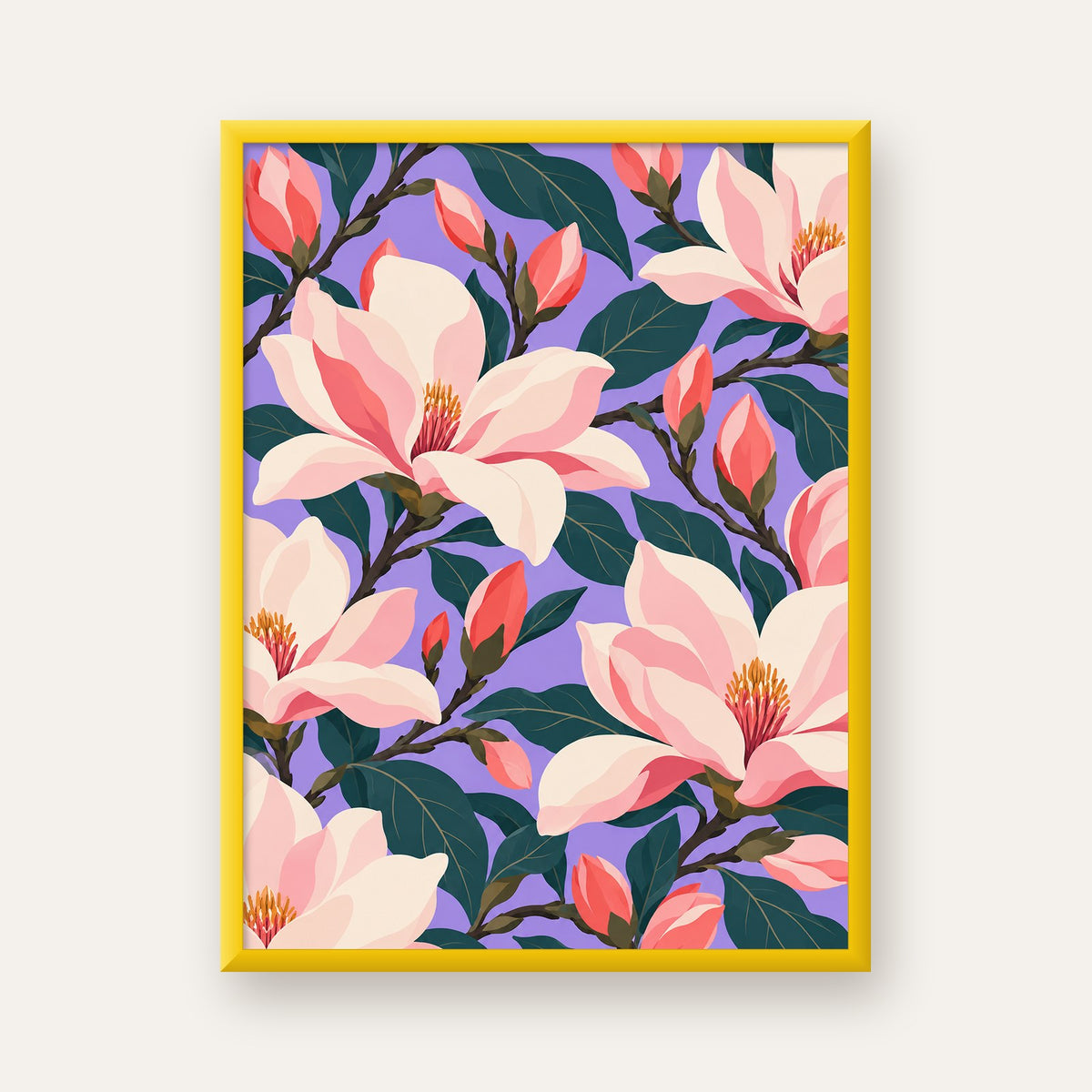 Pembe Magnolya Çiçekleri Dijital Poster - Modern Çiçek Deseni — sarı çerçeveli