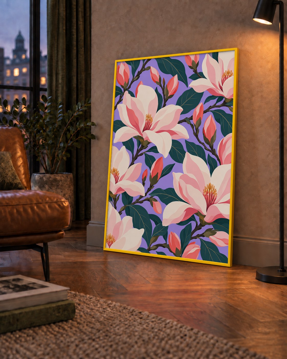 Pembe Magnolya Çiçekleri Dijital Poster - Modern Çiçek Deseni — çerçeveli hâliyle bir ev duvarında