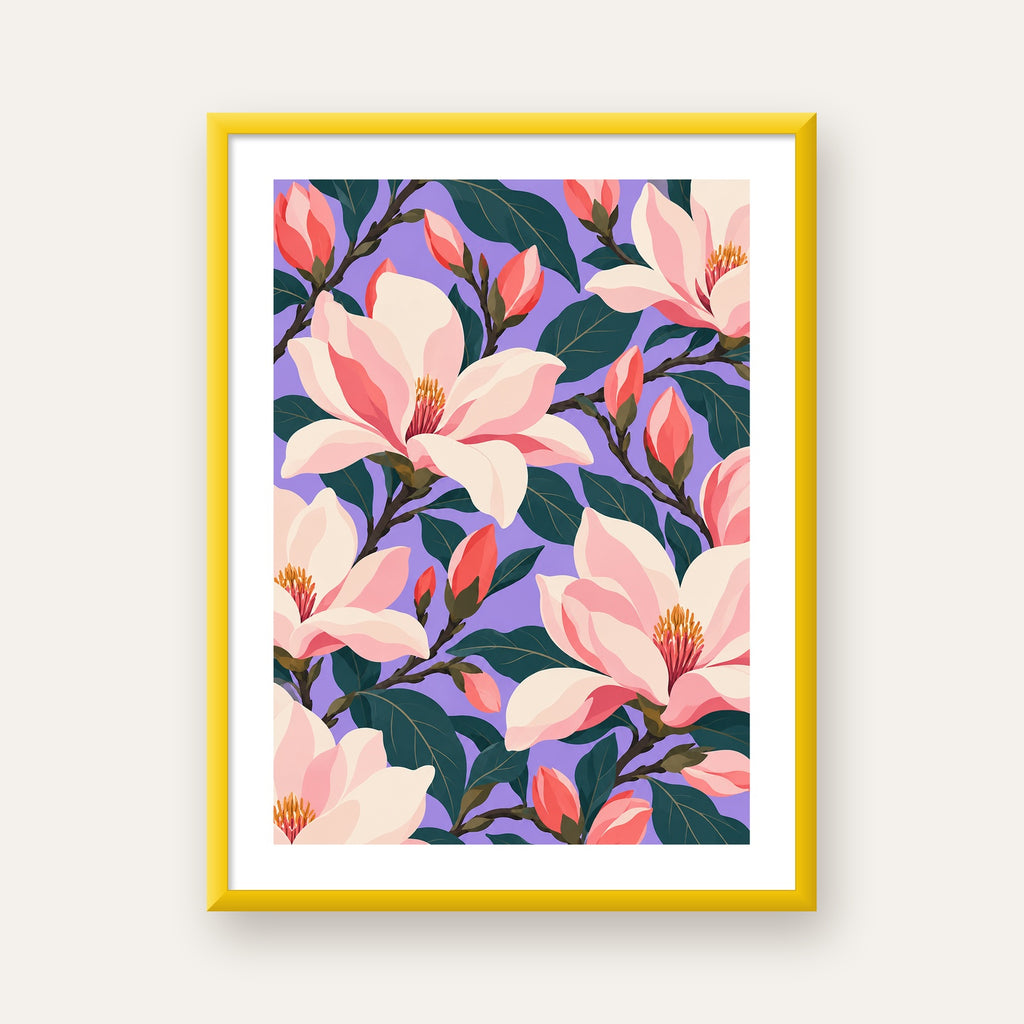 Pembe Magnolya Çiçekleri Dijital Poster - Modern Çiçek Deseni — sarı çerçeveli paspartulu