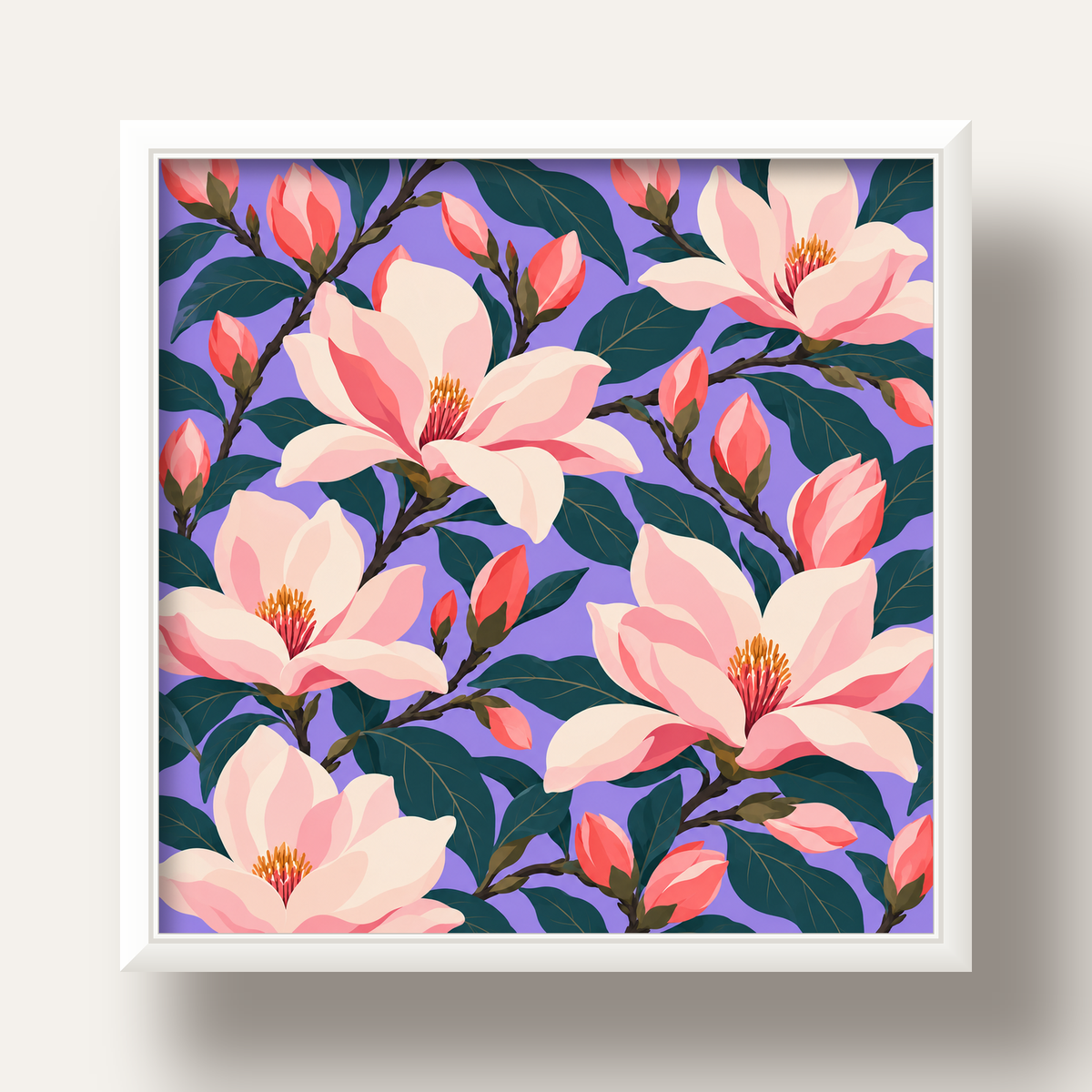 Pembe Magnolya Çiçekleri Dijital Poster - Modern Çiçek Deseni — beyaz derin çerçeveli