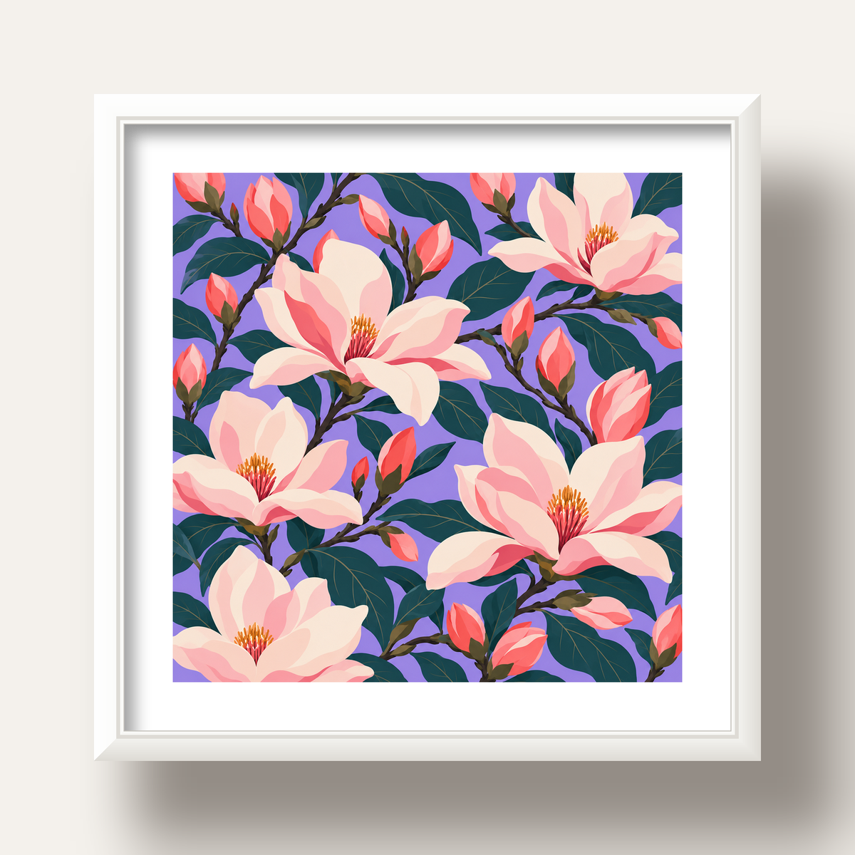 Pembe Magnolya Çiçekleri Dijital Poster - Modern Çiçek Deseni — beyaz derin çerçeveli paspartulu