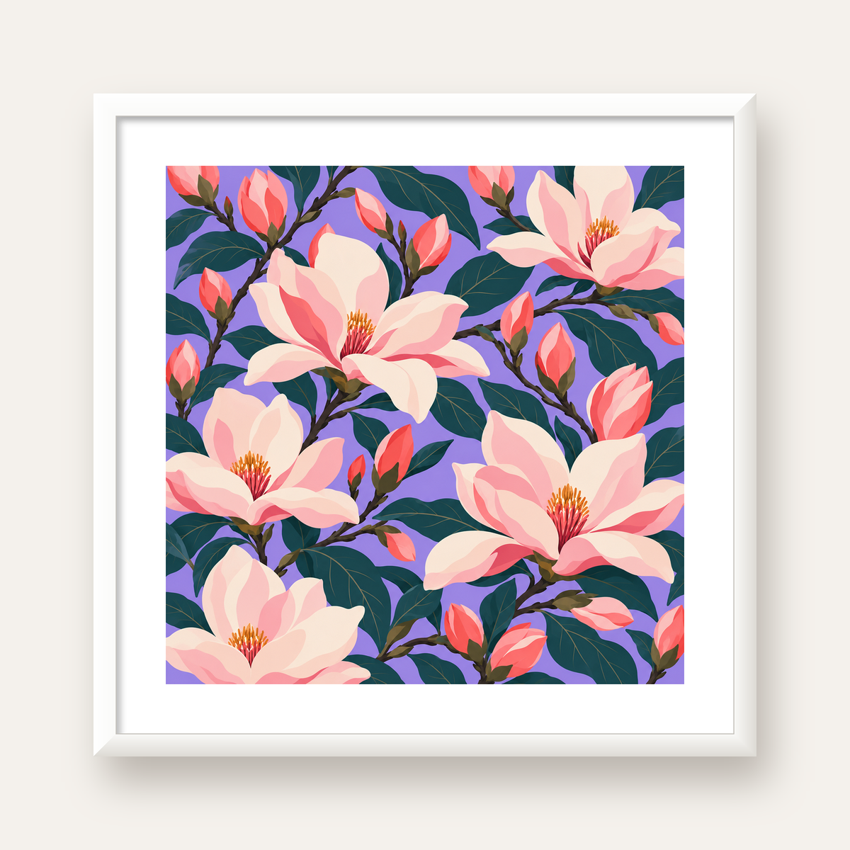 Pembe Magnolya Çiçekleri Dijital Poster - Modern Çiçek Deseni — beyaz çerçeveli kare poster