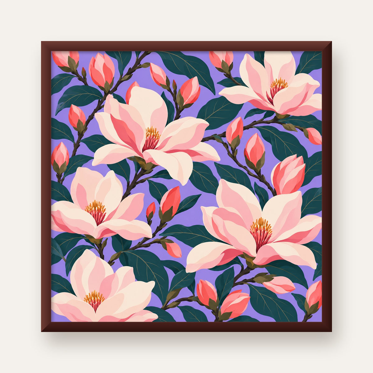 Pembe Magnolya Çiçekleri Dijital Poster - Modern Çiçek Deseni — ceviz çerçeveli
