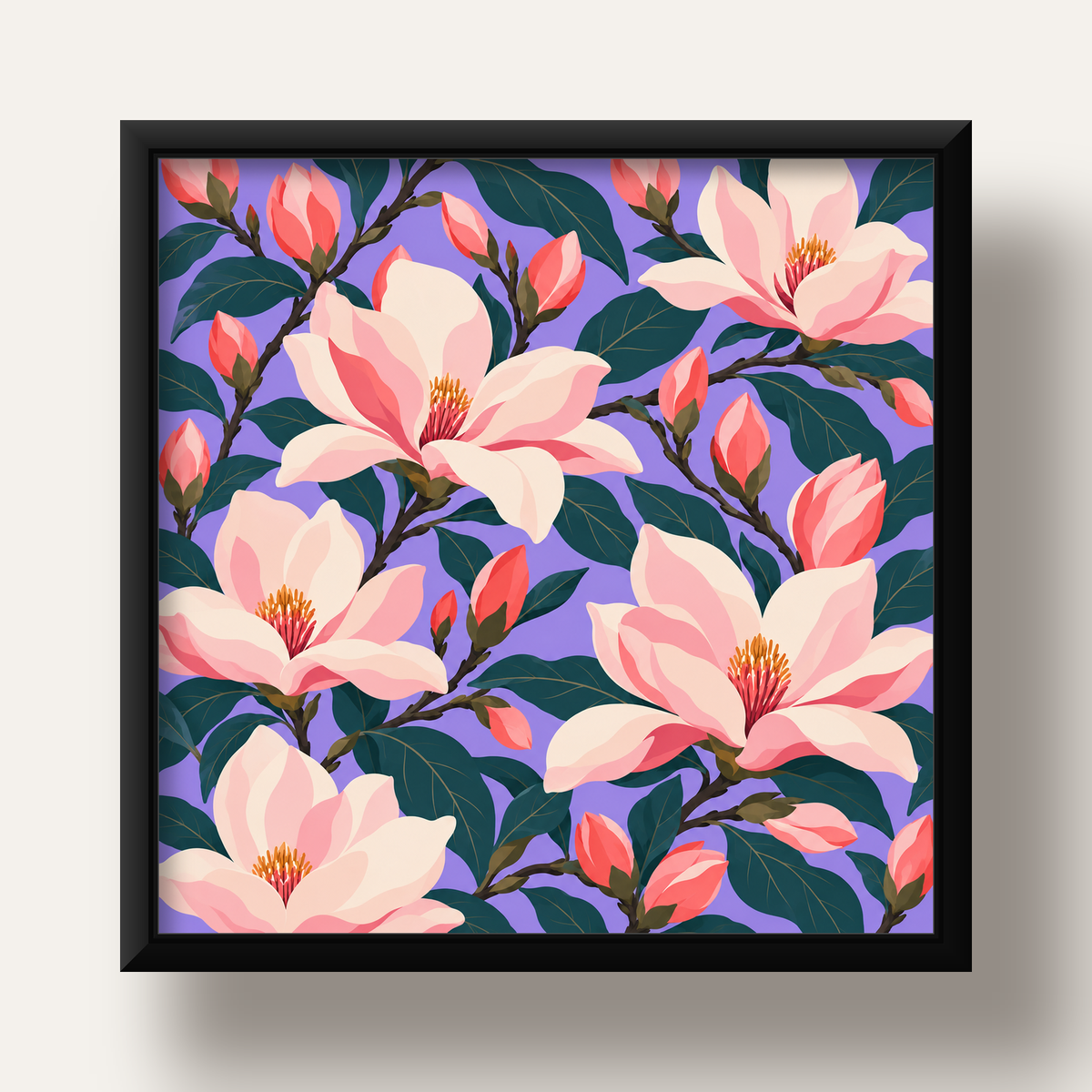 Pembe Magnolya Çiçekleri Dijital Poster - Modern Çiçek Deseni — siyah derin çerçeveli