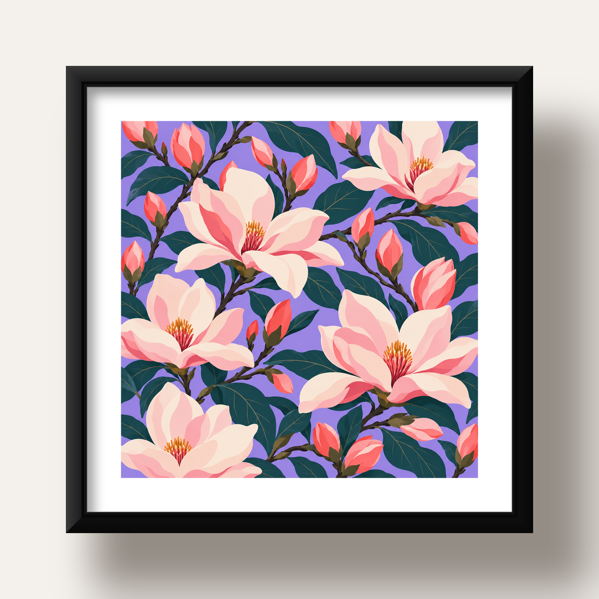 Pembe Magnolya Çiçekleri Dijital Poster - Modern Çiçek Deseni — siyah derin çerçeveli paspartulu