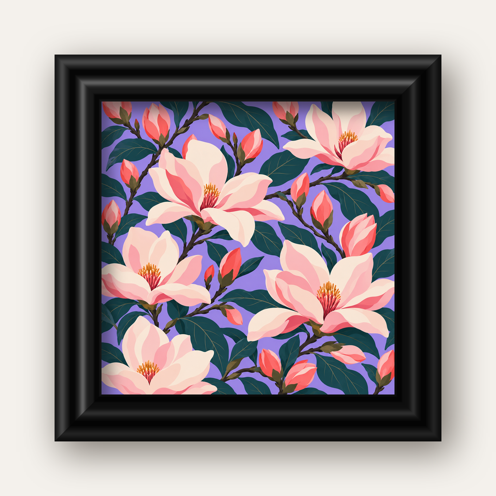 Pembe Magnolya Çiçekleri Dijital Poster - Modern Çiçek Deseni — siyah galeri çerçeveli