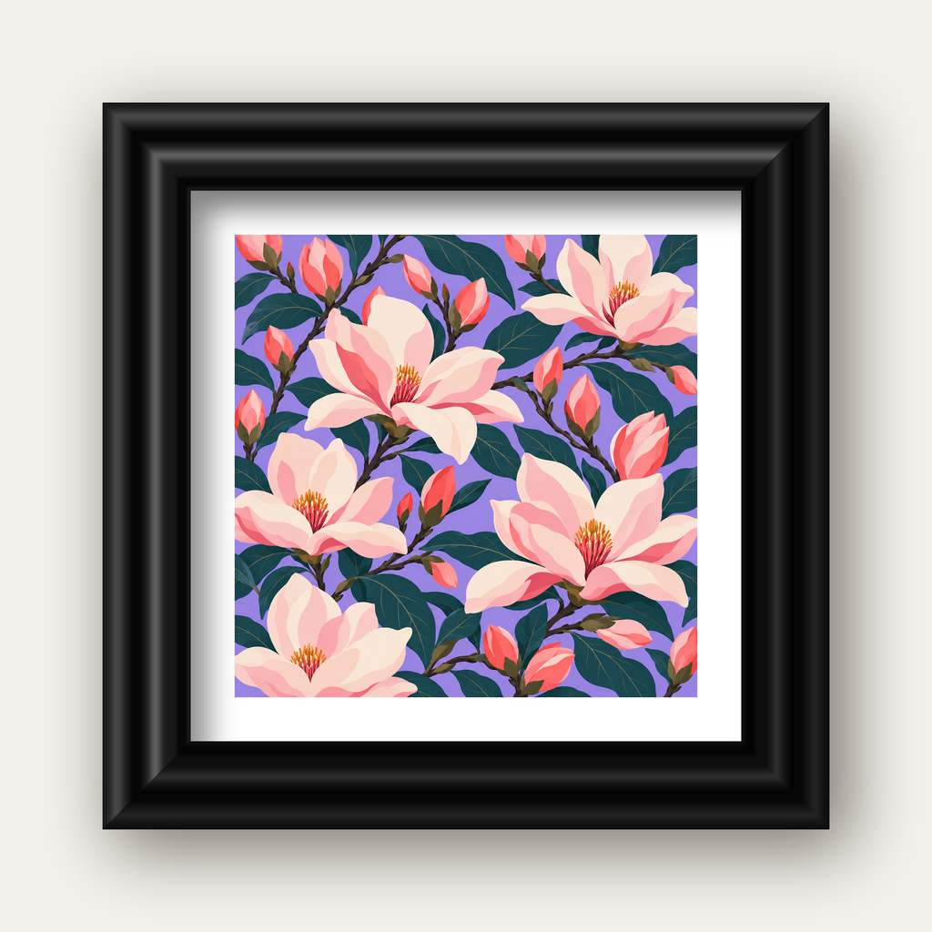 Pembe Magnolya Çiçekleri Dijital Poster - Modern Çiçek Deseni — siyah galeri çerçeveli paspartulu