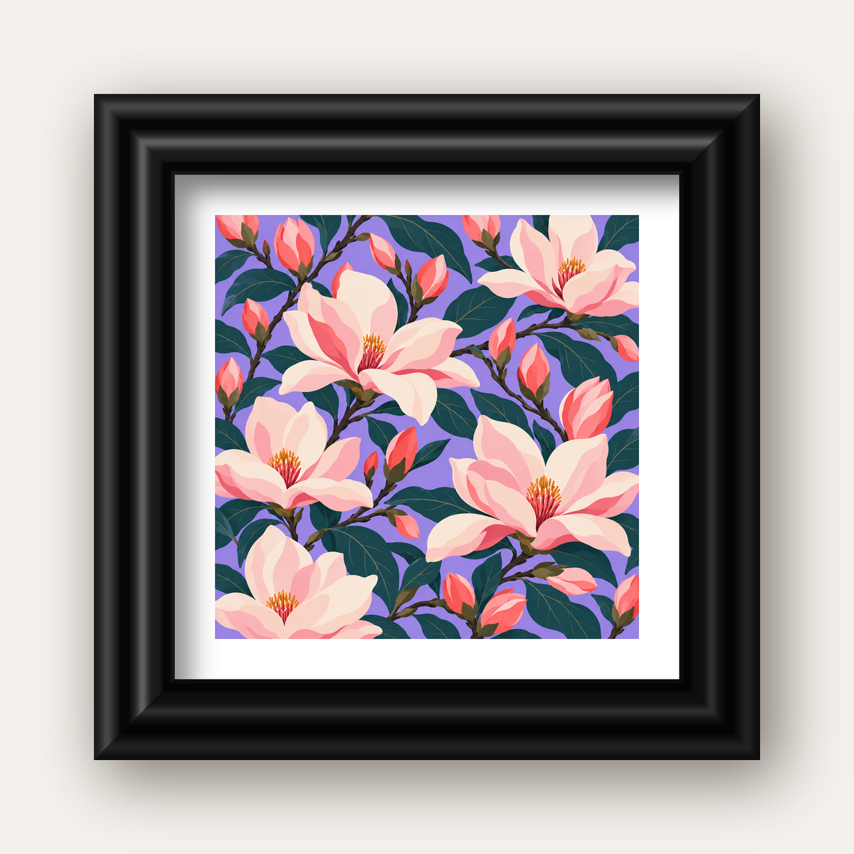 Pembe Magnolya Çiçekleri Dijital Poster - Modern Çiçek Deseni — siyah galeri çerçeveli paspartulu