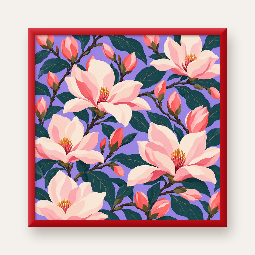 Pembe Magnolya Çiçekleri Dijital Poster - Modern Çiçek Deseni — kırmızı çerçeveli