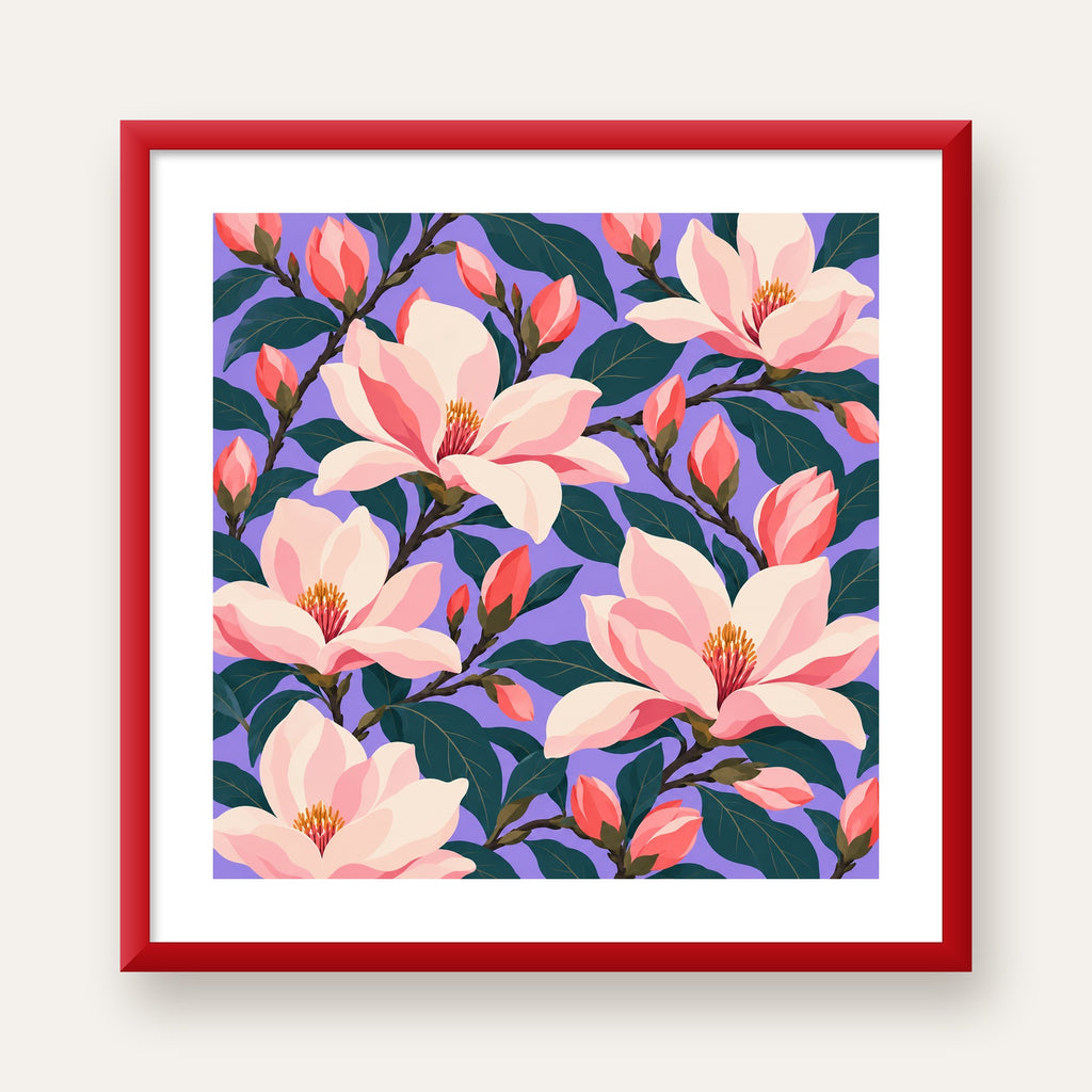 Pembe Magnolya Çiçekleri Dijital Poster - Modern Çiçek Deseni — kırmızı çerçeveli paspartulu