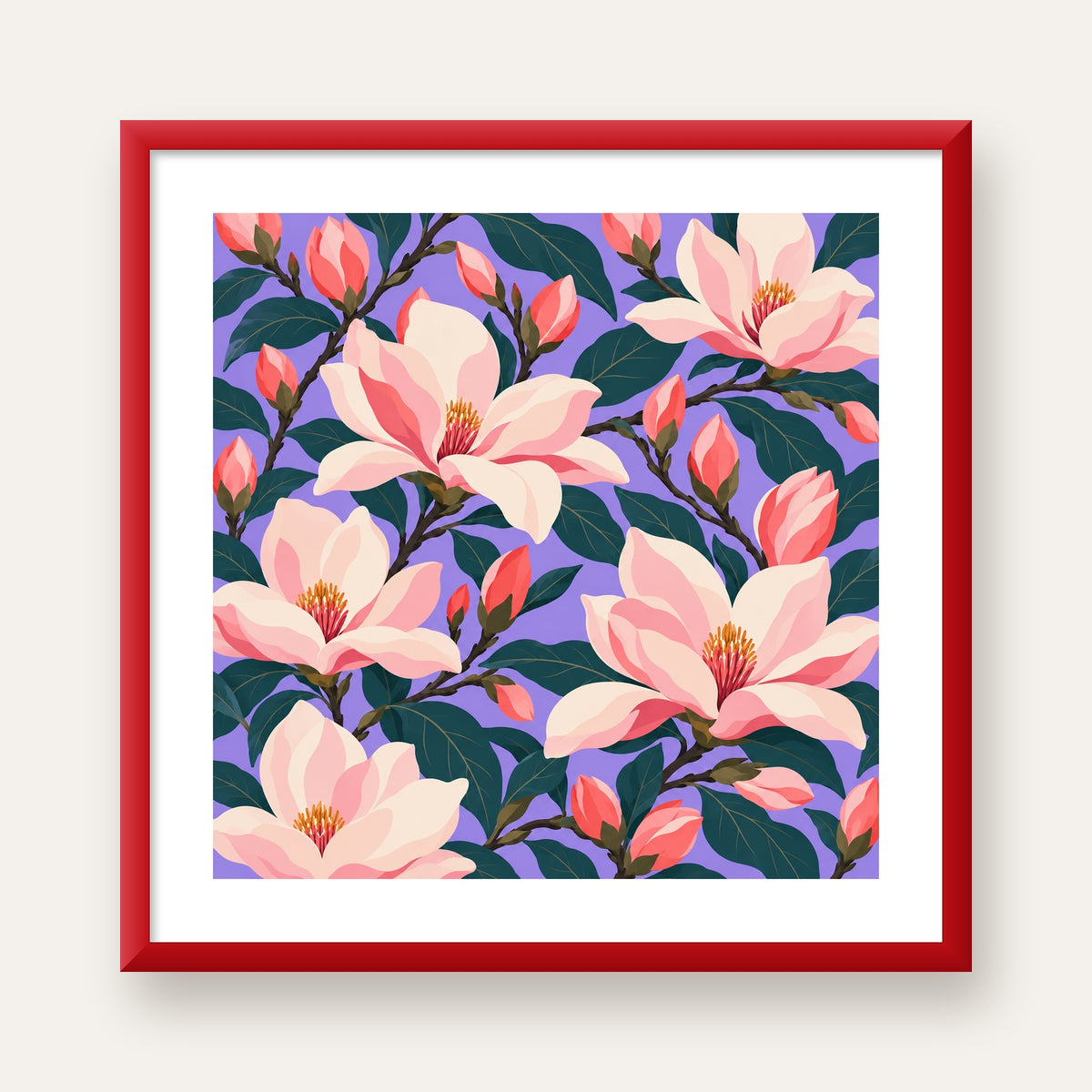 Pembe Magnolya Çiçekleri Dijital Poster - Modern Çiçek Deseni — kırmızı çerçeveli paspartulu