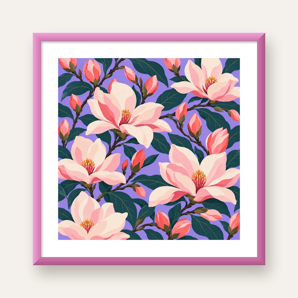 Pembe Magnolya Çiçekleri Dijital Poster - Modern Çiçek Deseni — pembe çerçeveli paspartulu