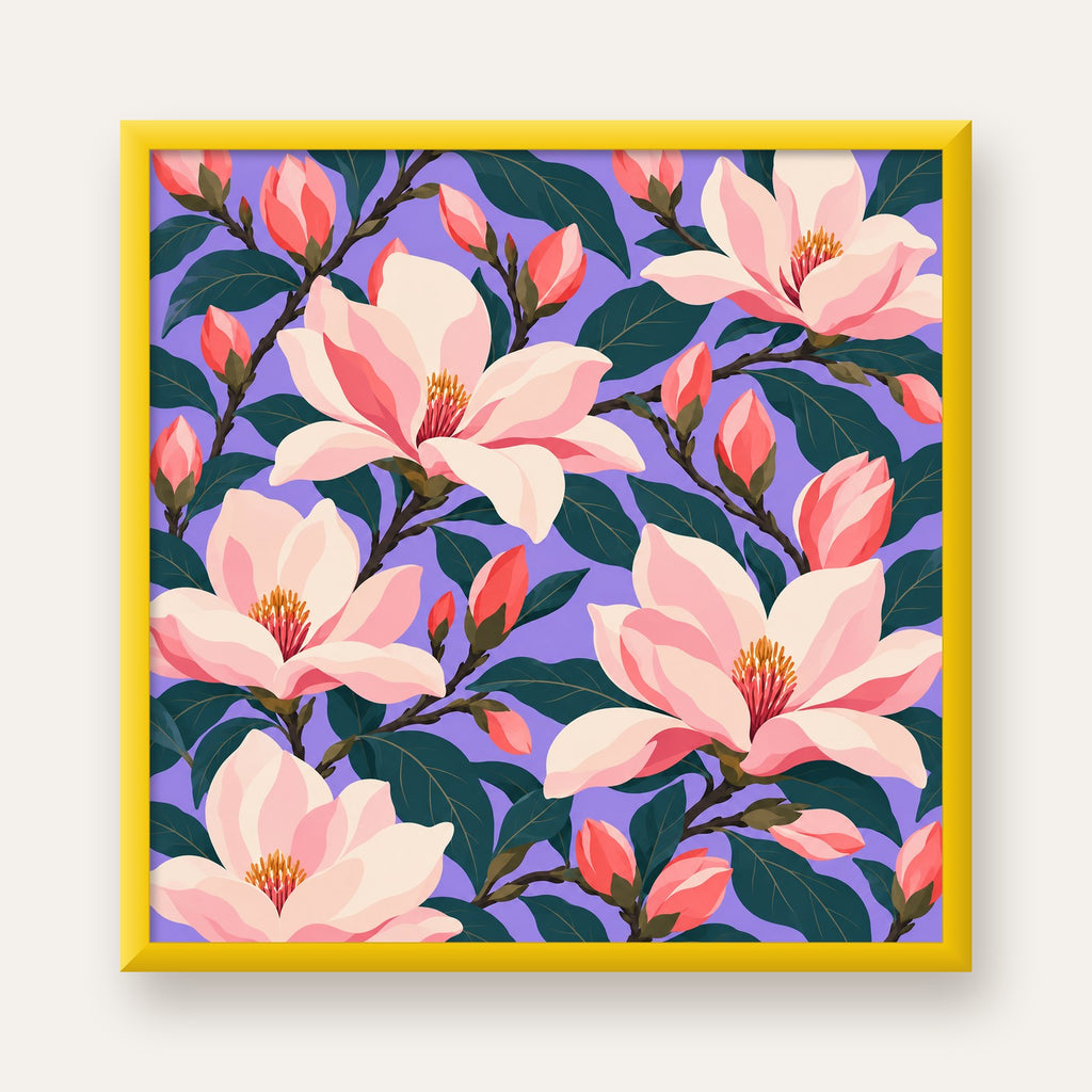Pembe Magnolya Çiçekleri Dijital Poster - Modern Çiçek Deseni — sarı çerçeveli