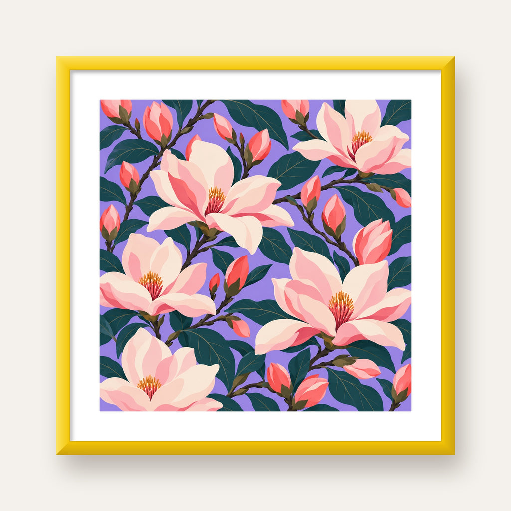 Pembe Magnolya Çiçekleri Dijital Poster - Modern Çiçek Deseni — sarı çerçeveli paspartulu