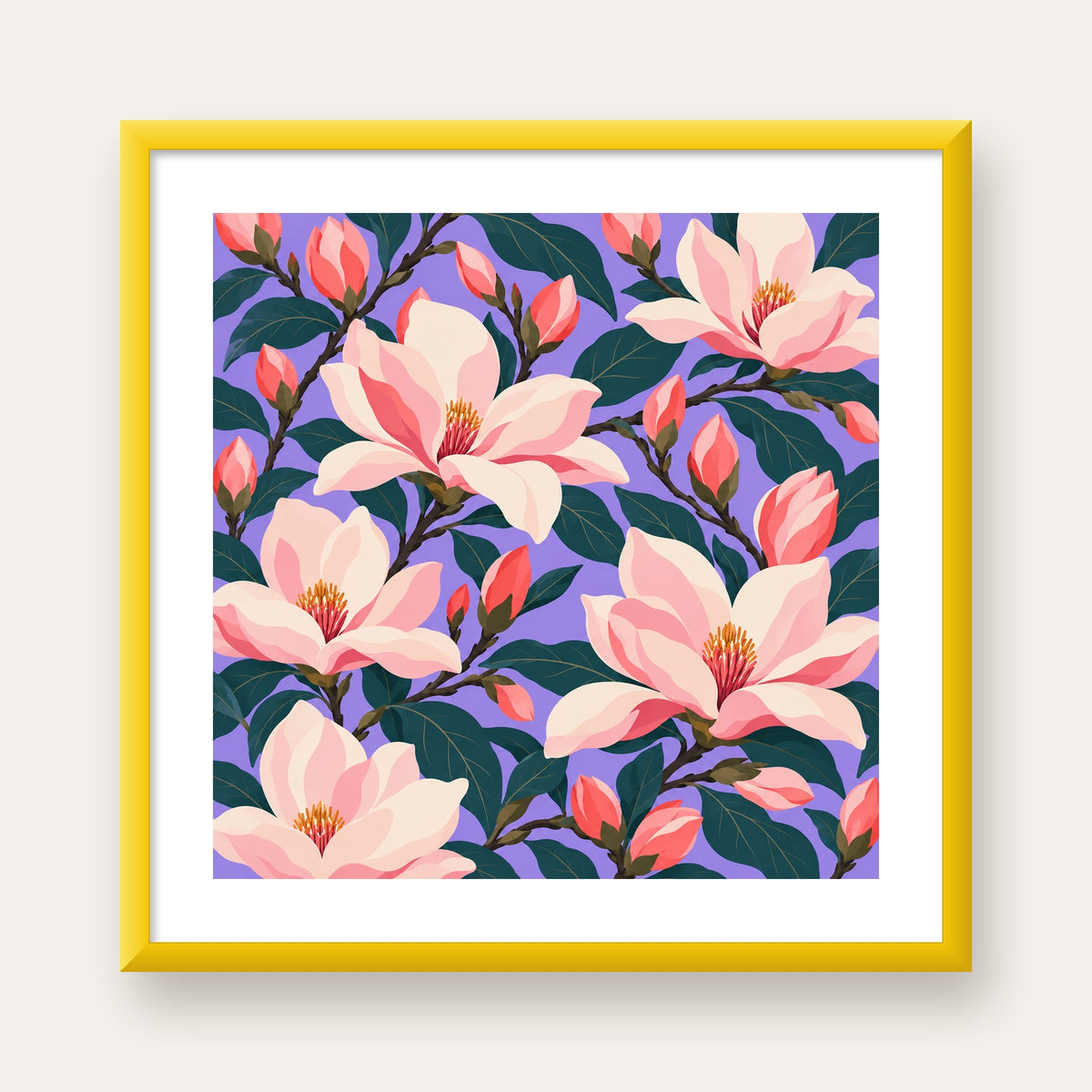 Pembe Magnolya Çiçekleri Dijital Poster - Modern Çiçek Deseni — sarı çerçeveli paspartulu