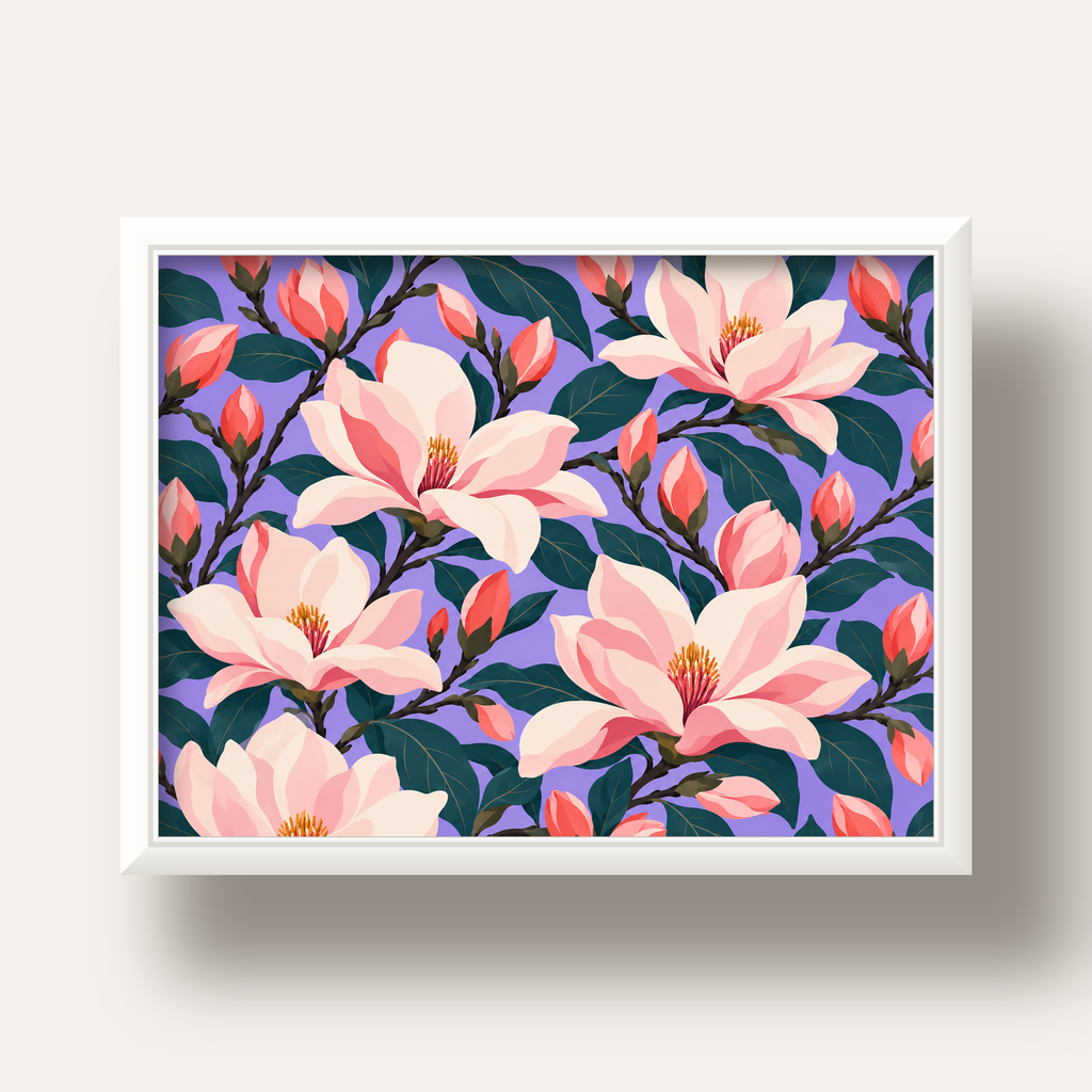 Pembe Magnolya Çiçekleri Dijital Poster - Modern Çiçek Deseni — beyaz derin çerçeveli