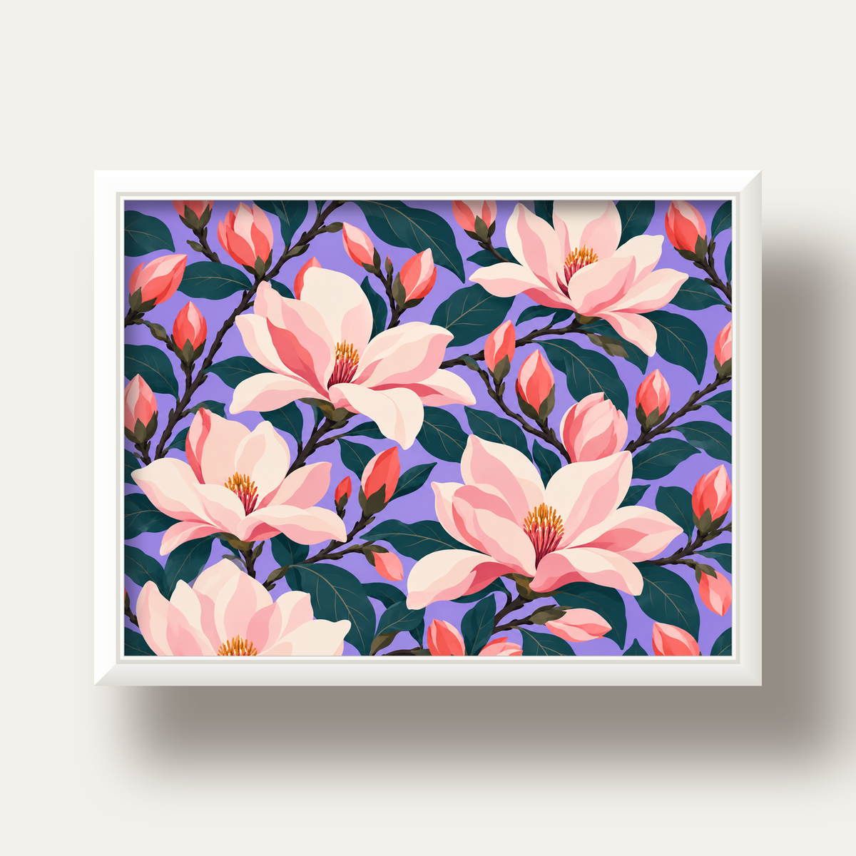 Pembe Magnolya Çiçekleri Dijital Poster - Modern Çiçek Deseni — beyaz derin çerçeveli