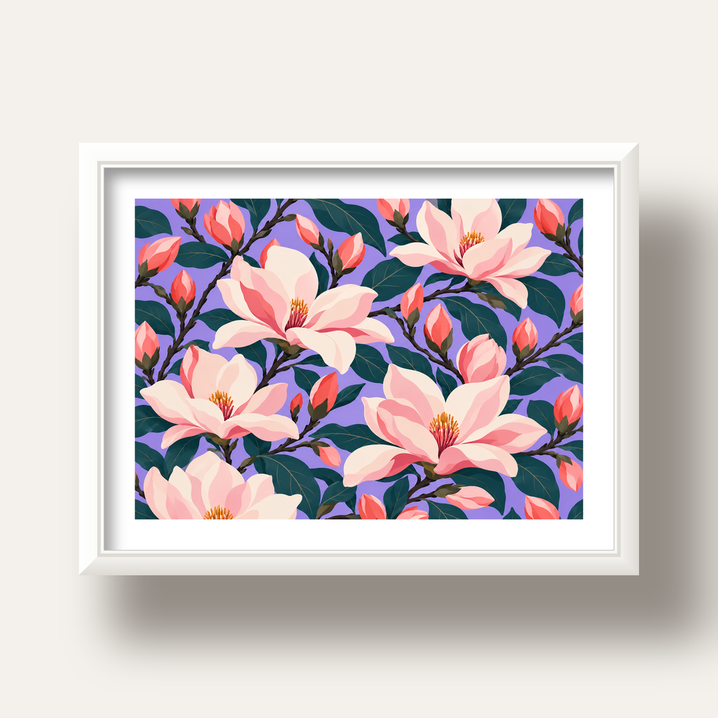 Pembe Magnolya Çiçekleri Dijital Poster - Modern Çiçek Deseni — beyaz derin çerçeveli paspartulu