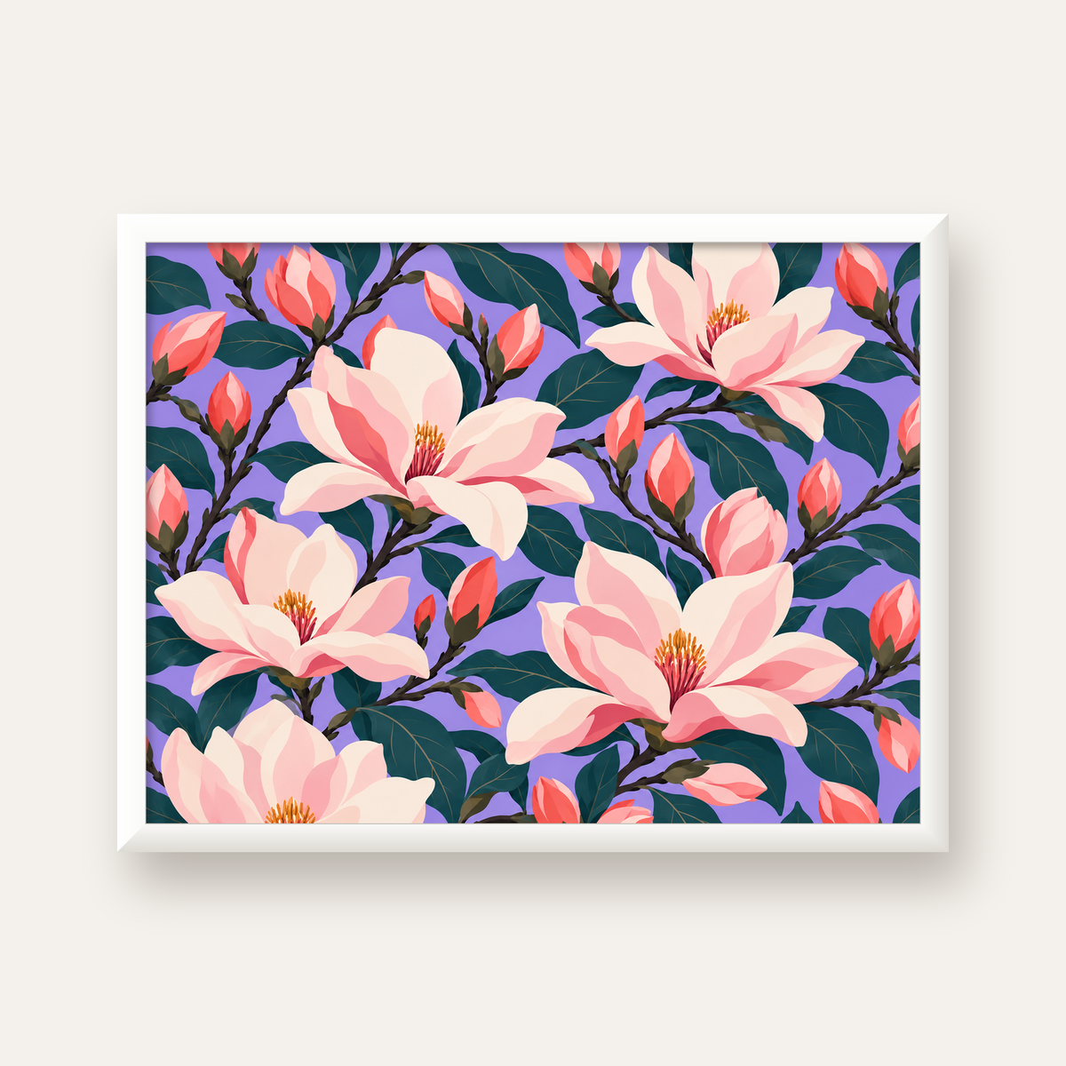 Pembe Magnolya Çiçekleri Dijital Poster - Modern Çiçek Deseni — beyaz çerçeveli yatay poster