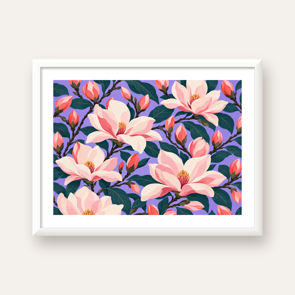 Pembe Magnolya Çiçekleri Dijital Poster - Modern Çiçek Deseni — beyaz çerçeveli yatay poster