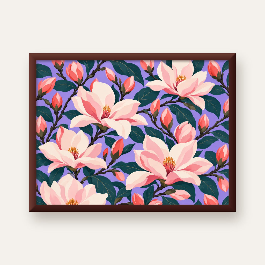 Pembe Magnolya Çiçekleri Dijital Poster - Modern Çiçek Deseni — ceviz çerçeveli