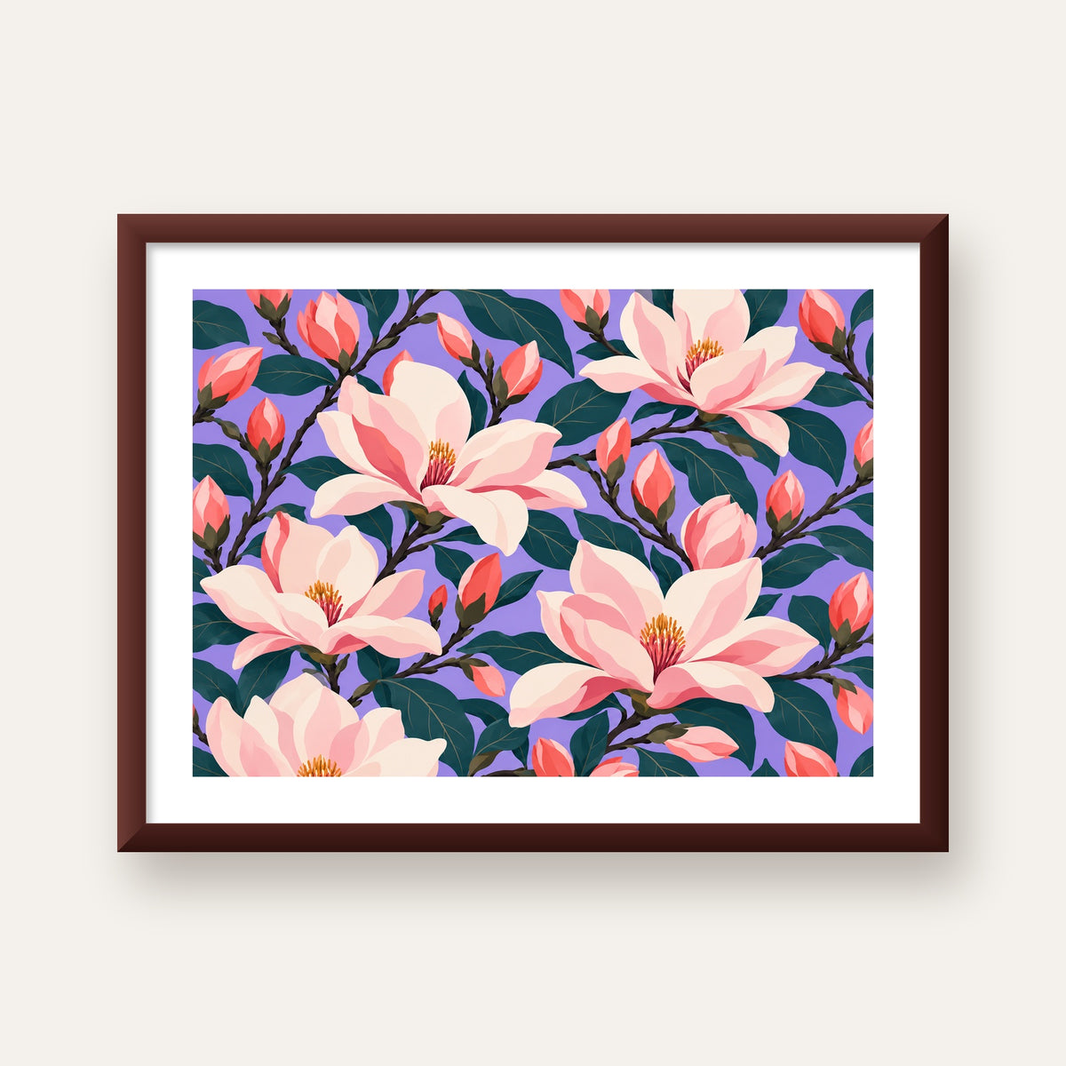 Pembe Magnolya Çiçekleri Dijital Poster - Modern Çiçek Deseni — ceviz çerçeveli paspartulu
