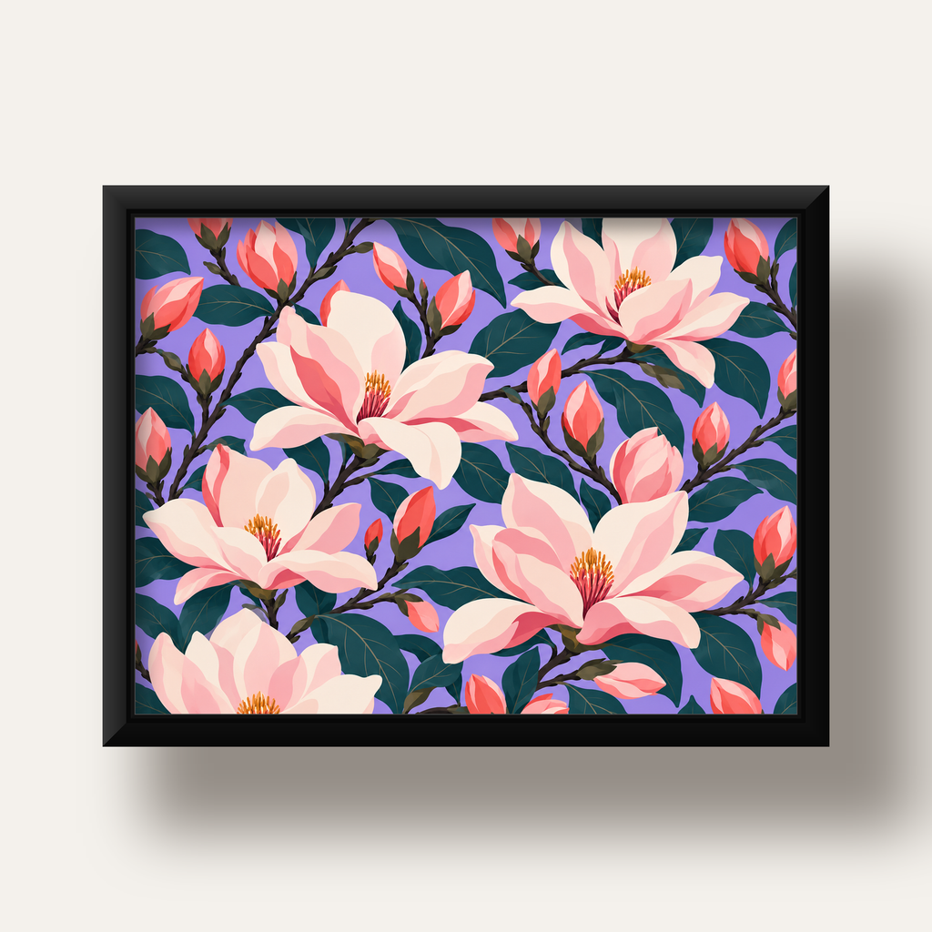 Pembe Magnolya Çiçekleri Dijital Poster - Modern Çiçek Deseni — siyah derin çerçeveli