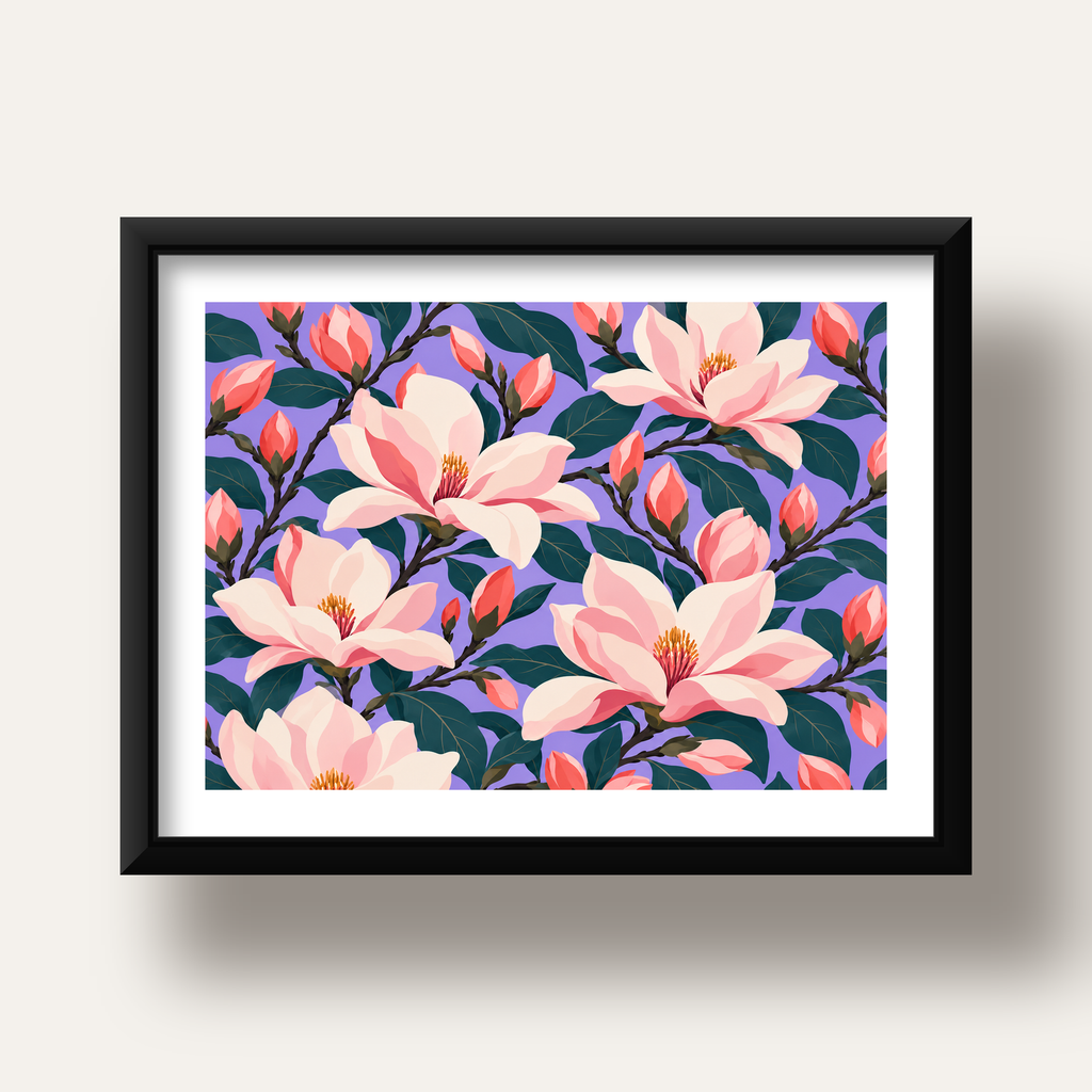 Pembe Magnolya Çiçekleri Dijital Poster - Modern Çiçek Deseni — siyah derin çerçeveli paspartulu