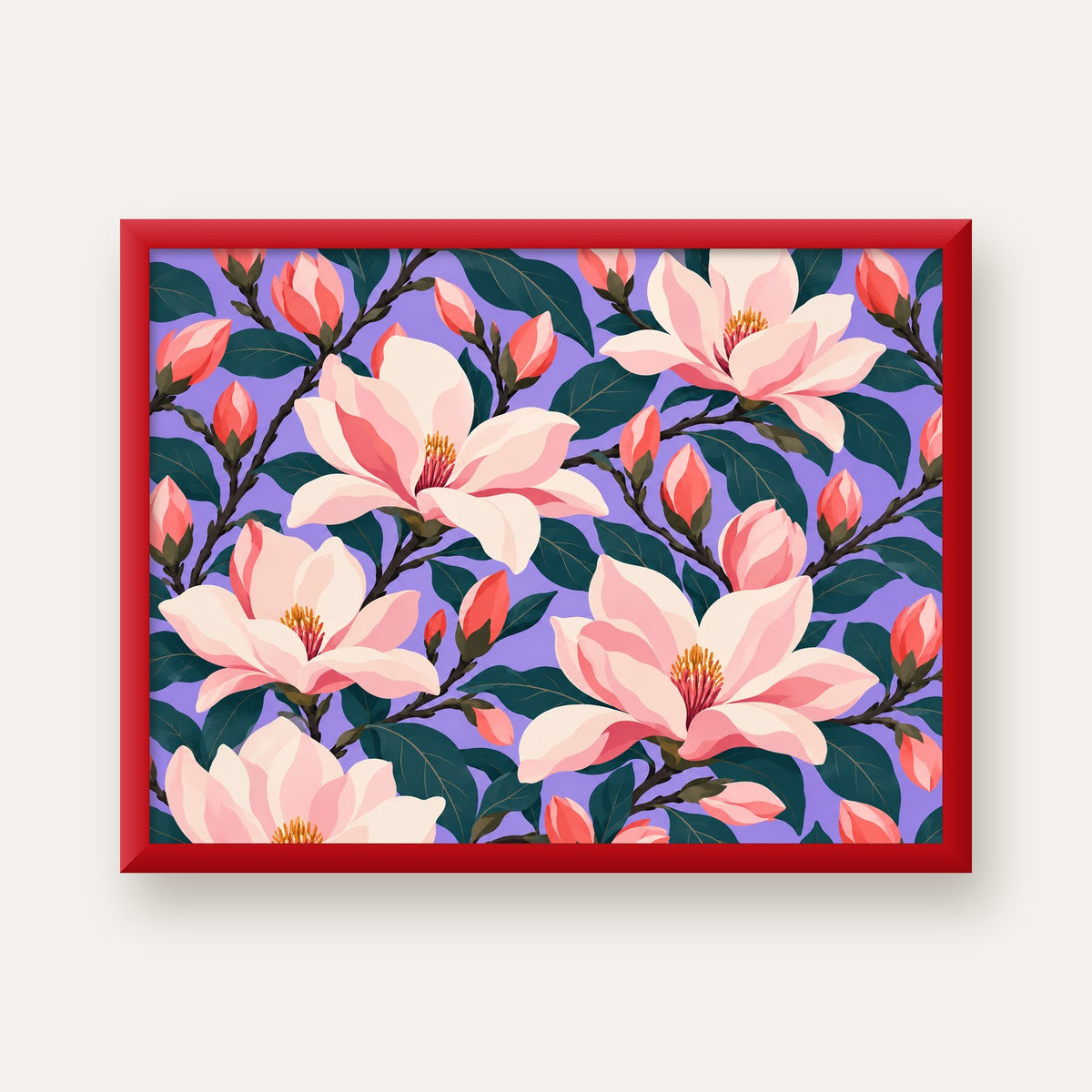 Pembe Magnolya Çiçekleri Dijital Poster - Modern Çiçek Deseni — kırmızı çerçeveli
