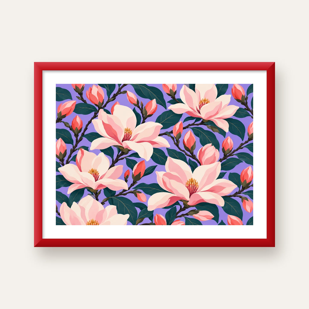 Pembe Magnolya Çiçekleri Dijital Poster - Modern Çiçek Deseni — kırmızı çerçeveli paspartulu