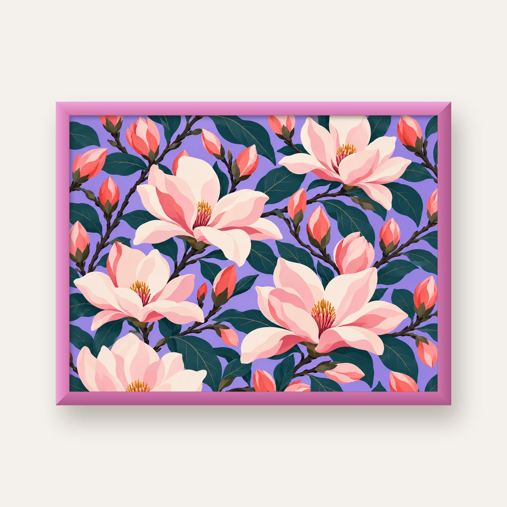 Pembe Magnolya Çiçekleri Dijital Poster - Modern Çiçek Deseni — pembe çerçeveli
