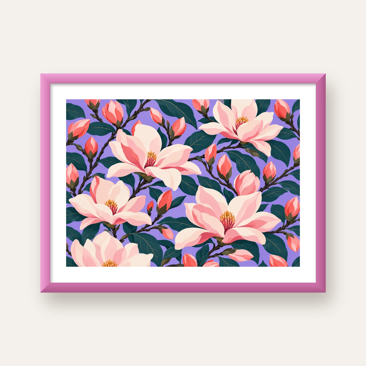 Pembe Magnolya Çiçekleri Dijital Poster - Modern Çiçek Deseni — pembe çerçeveli paspartulu