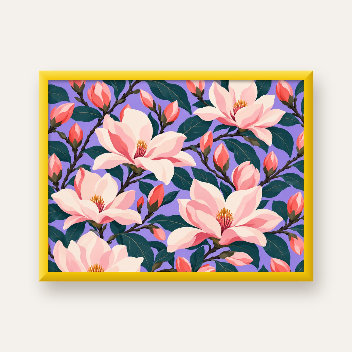 Pembe Magnolya Çiçekleri Dijital Poster - Modern Çiçek Deseni — sarı çerçeveli
