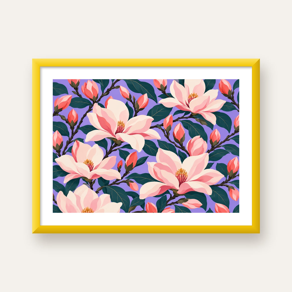 Pembe Magnolya Çiçekleri Dijital Poster - Modern Çiçek Deseni — sarı çerçeveli paspartulu