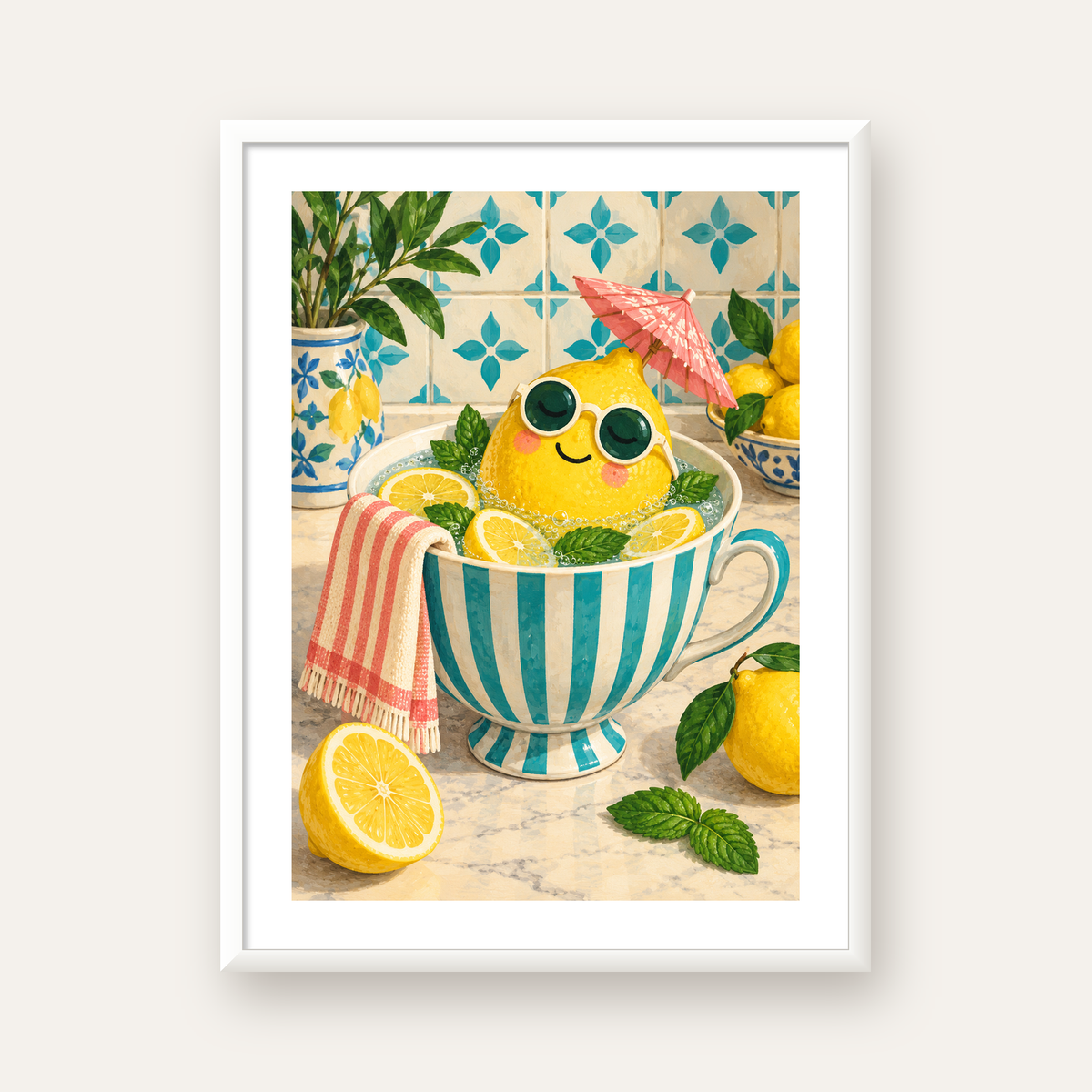 Limon Banyosu Renkli Mutfak Posteri — beyaz çerçeveli dikey poster