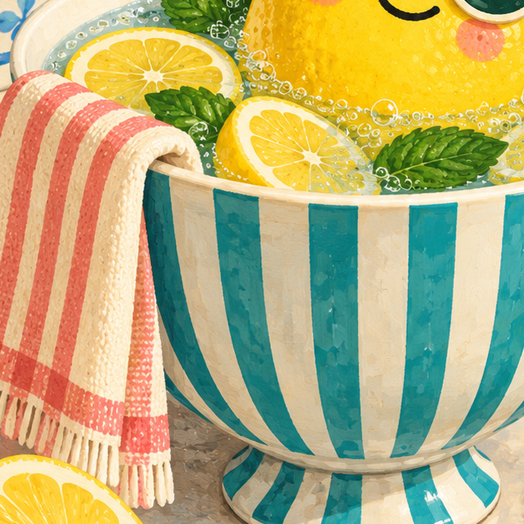 Sevimli Limon ve Çay Fincanı Poster – Akdeniz Tarzı Dekor — baskının yakın çekimi, kâğıt dokusu ve renk detayı
