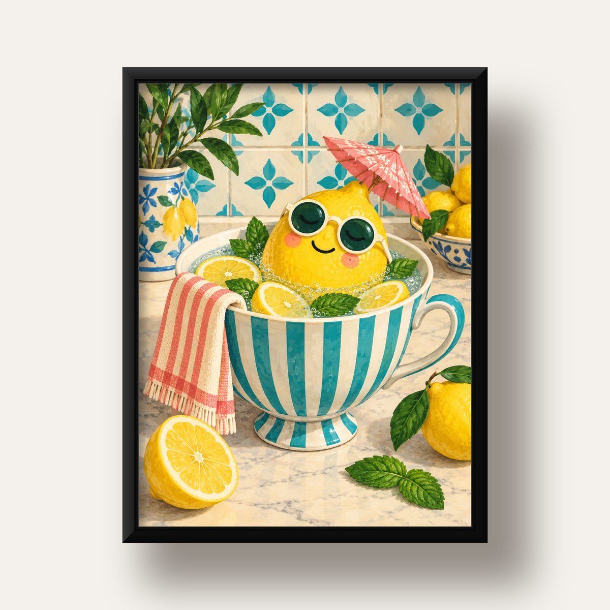 Limon Banyosu Renkli Mutfak Posteri — siyah derin çerçeveli