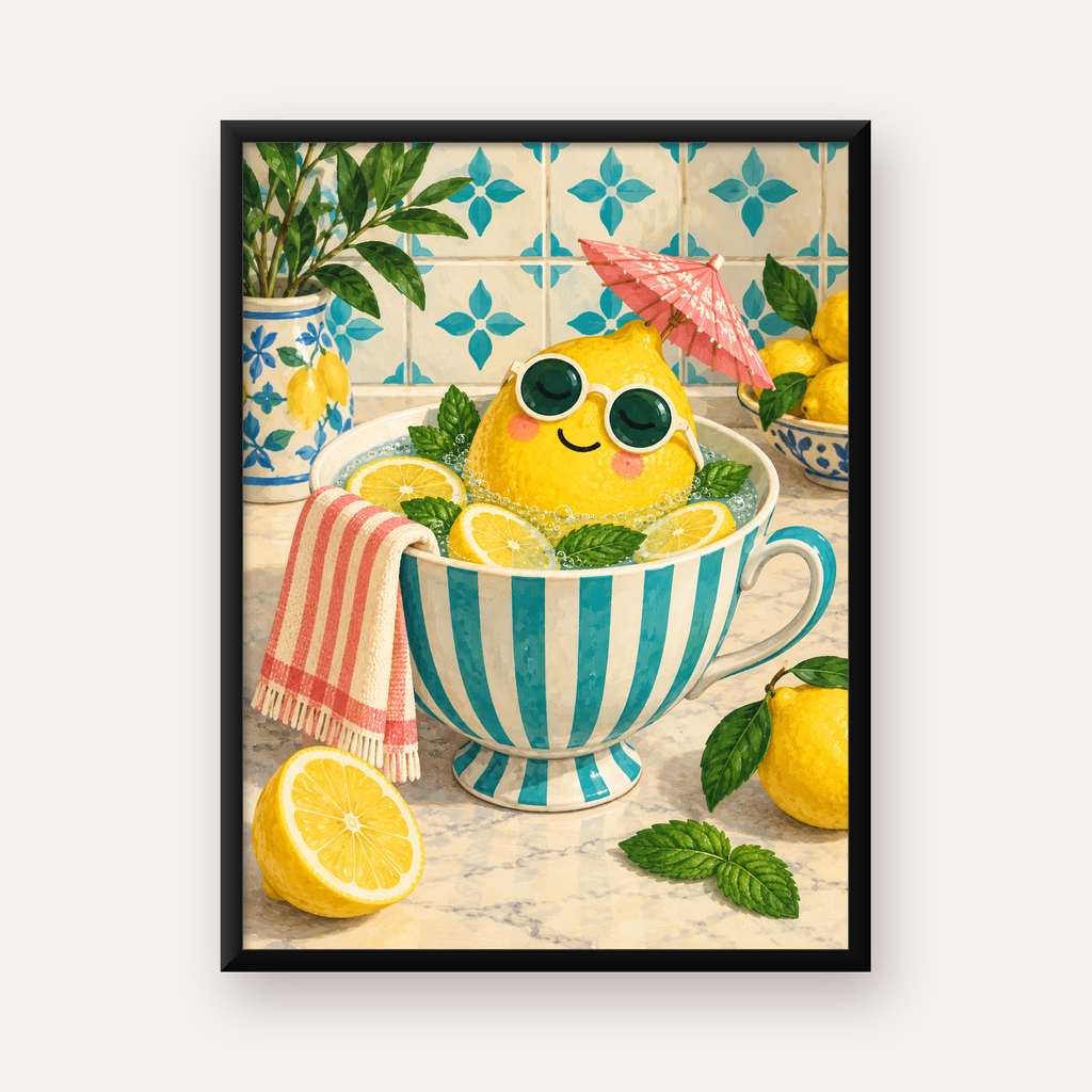 Sevimli Limon ve Çay Fincanı Poster – Akdeniz Tarzı Dekor — Dikey baskı, düz siyah çerçeveli duvar posteri