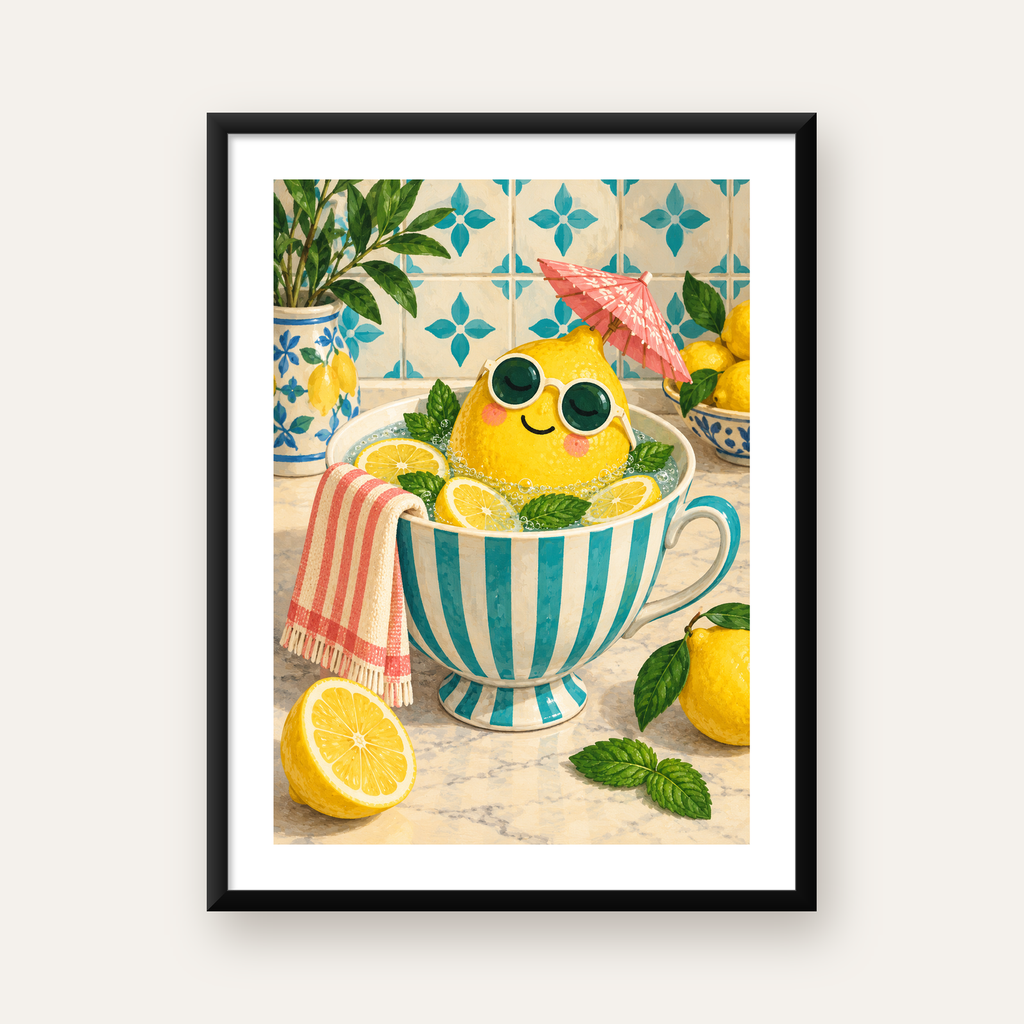 Sevimli Limon ve Çay Fincanı Poster – Akdeniz Tarzı Dekor — Dikey baskı, beyaz kenar boşluklu