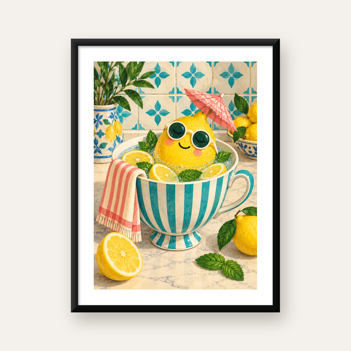 Sevimli Limon ve Çay Fincanı Poster – Akdeniz Tarzı Dekor — Dikey baskı, beyaz kenar boşluklu