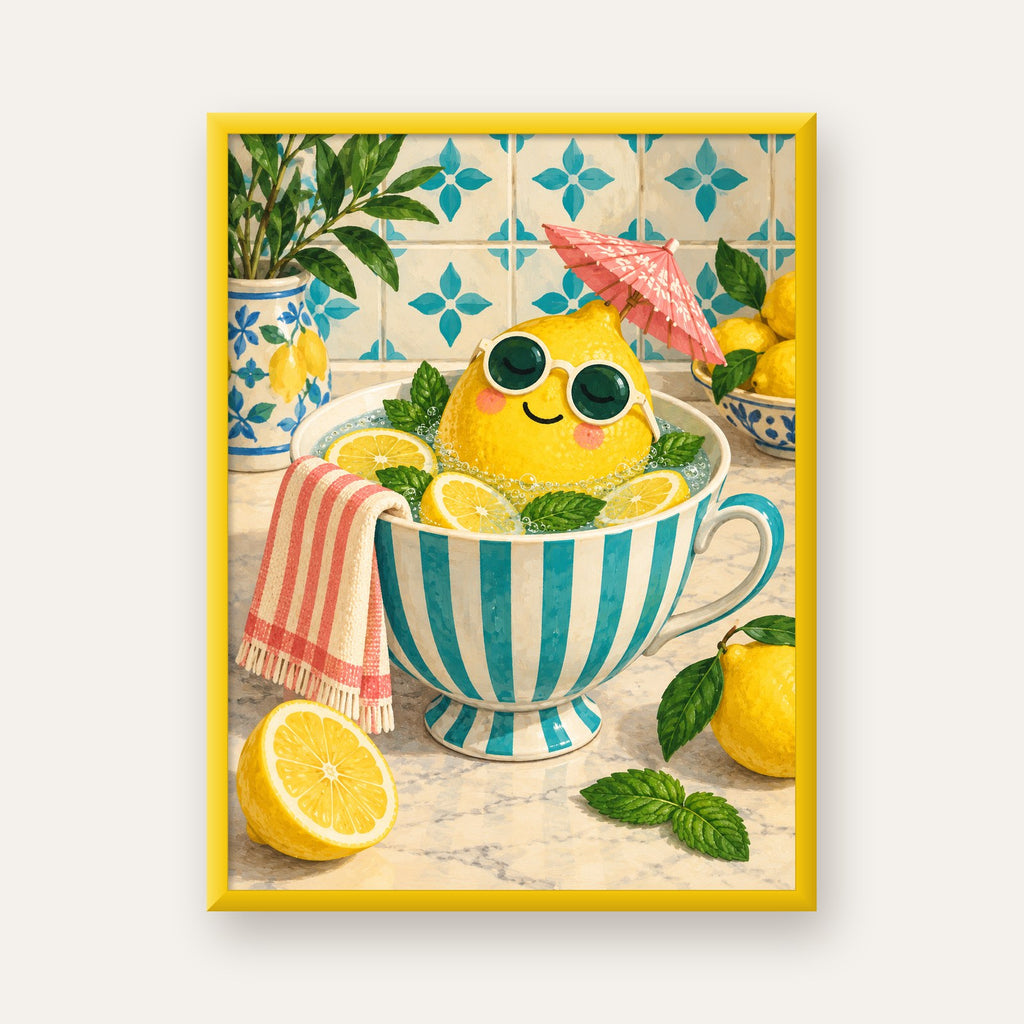 Limon Banyosu Renkli Mutfak Posteri — sarı çerçeveli