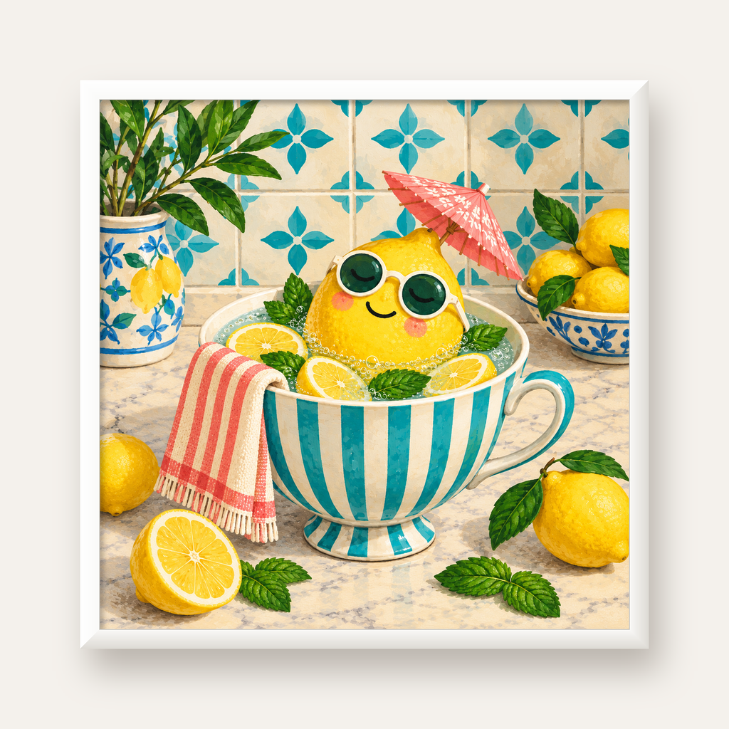 Limon Banyosu Renkli Mutfak Posteri — beyaz çerçeveli kare poster