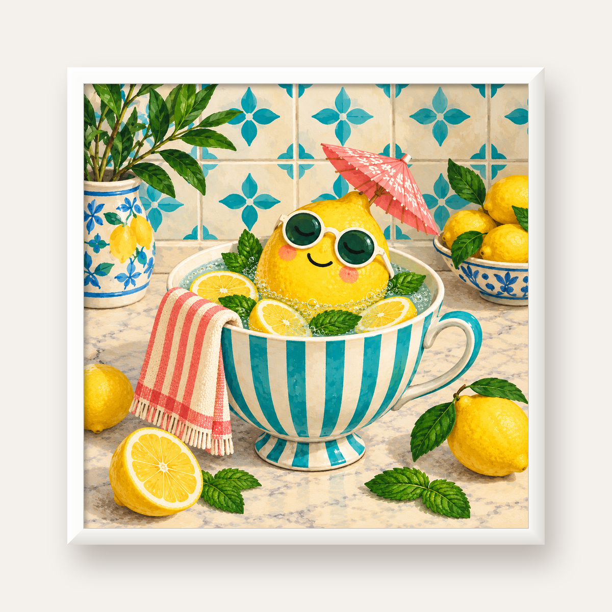 Limon Banyosu Renkli Mutfak Posteri — beyaz çerçeveli kare poster
