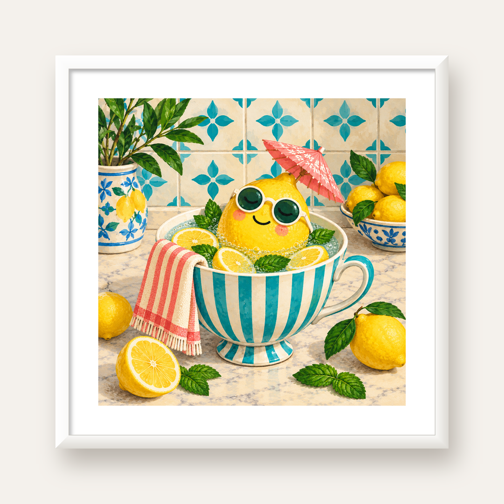 Limon Banyosu Renkli Mutfak Posteri — beyaz çerçeveli kare poster
