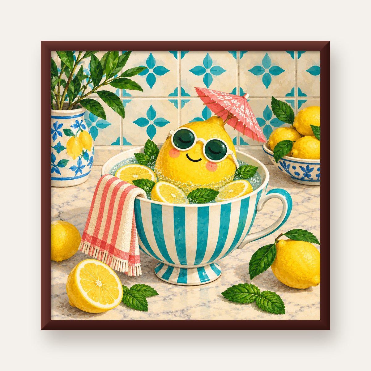 Limon Banyosu Renkli Mutfak Posteri — ceviz çerçeveli