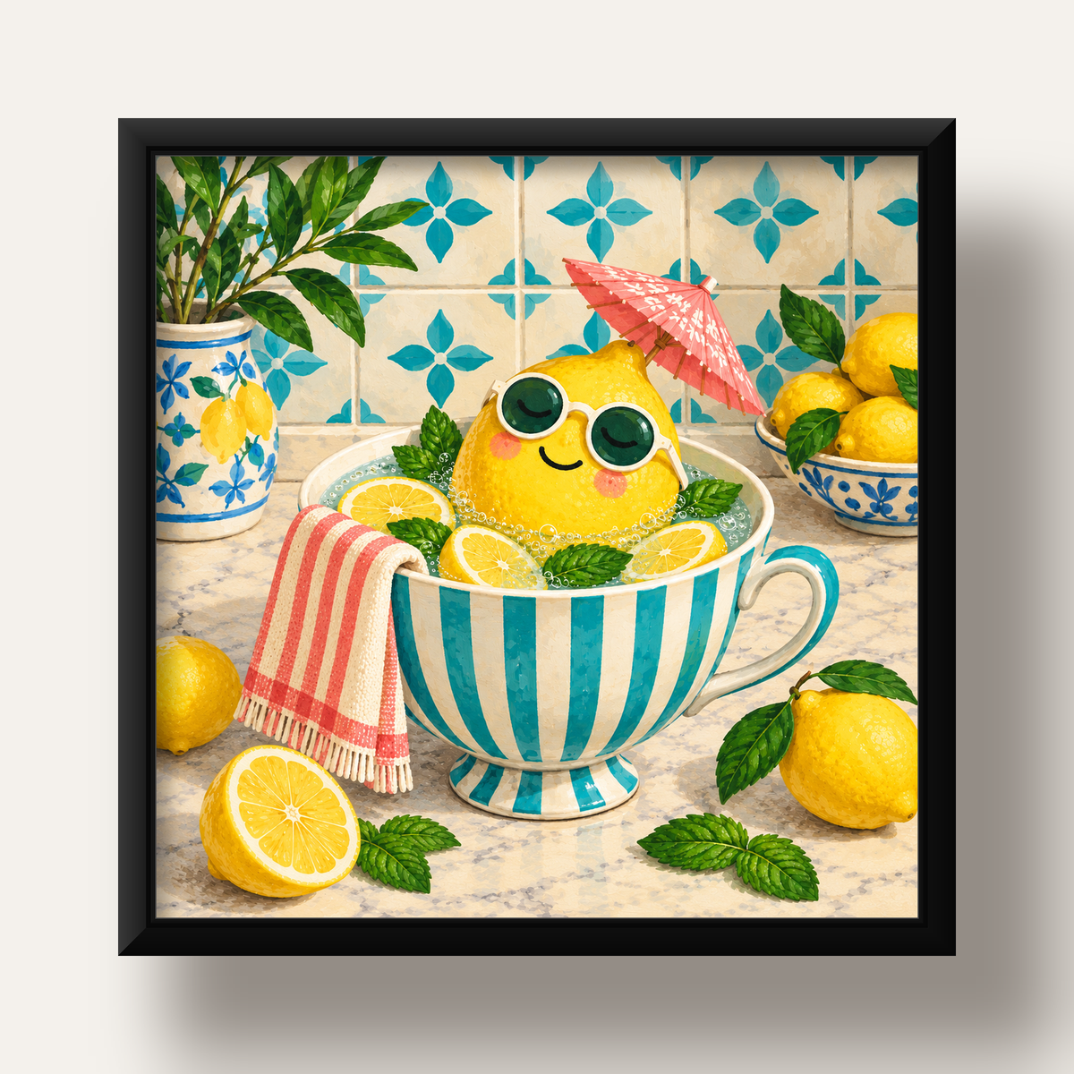 Limon Banyosu Renkli Mutfak Posteri — siyah derin çerçeveli