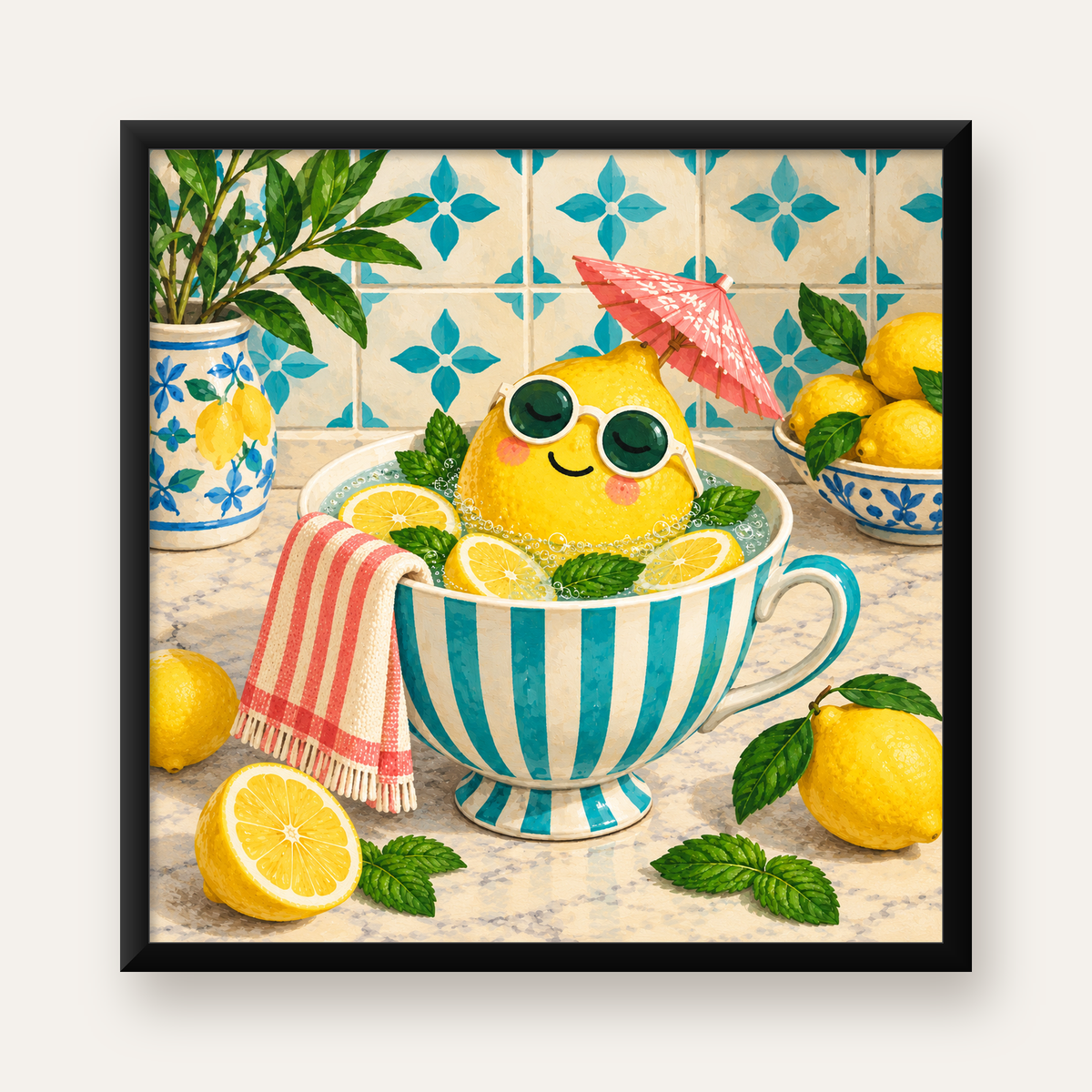 Sevimli Limon ve Çay Fincanı Poster – Akdeniz Tarzı Dekor — Kare baskı, düz siyah çerçeveli duvar posteri