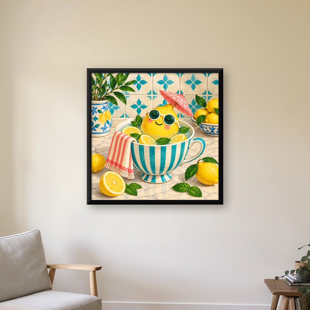 Sevimli Limon ve Çay Fincanı Poster – Akdeniz Tarzı Dekor — Kare baskı, çerçeveli hâliyle bir ev duvarında